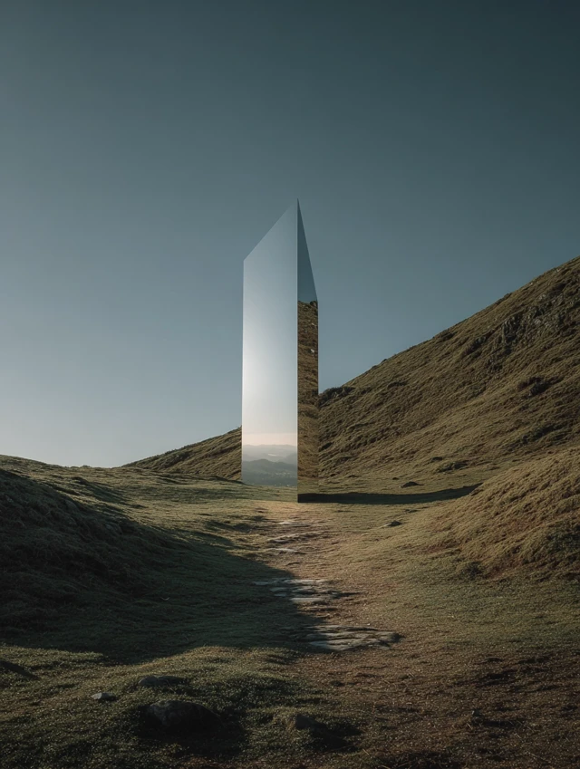 Mirror Monolith on Grassy Hill Landscape Photography