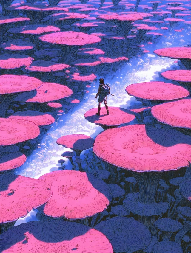 Anime Art Miniature Man on Mushroom Field Fantasy
