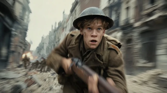WWII Soldier Runs Through War Torn Street