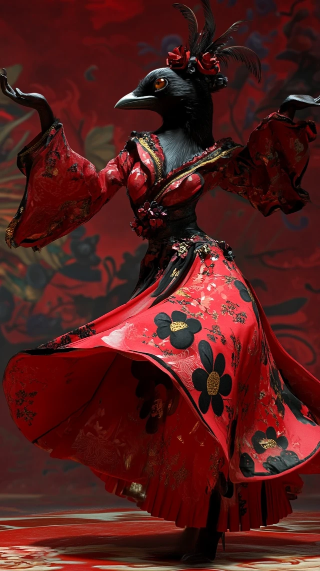 Dancing Crow in Red Dress Black Flowers