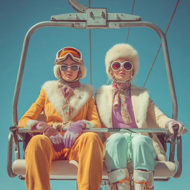 Luxury Vintage Skiers in Fur Hats Chairlift Blue Sky