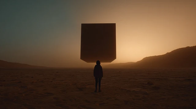 Woman in Desert Under Cube Minimalist Photography