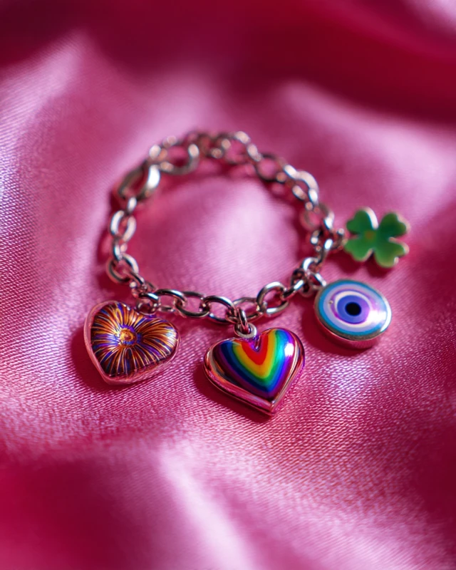 Charm Bracelet on Pink Satin Lucky Charms