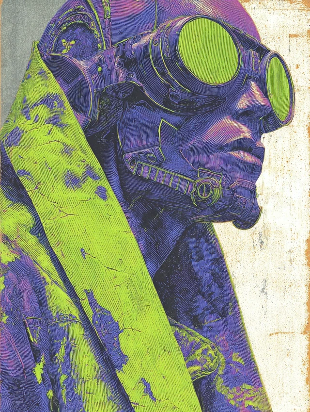 Cyberpunk Humanoid Stippling Art Lime Green Purple