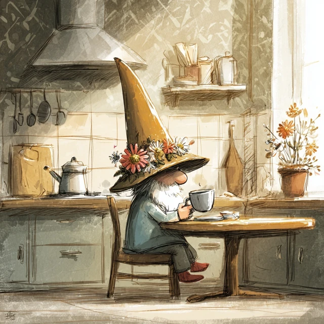 Cute Gnome with Flower Hat Drinking Coffee Cartoon