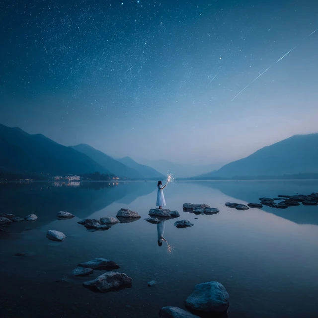 Woman with Wand Shooting Stars Over Lake Photography