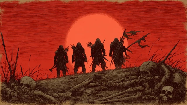 Grimdark Medieval Warriors Sunset Before Battle