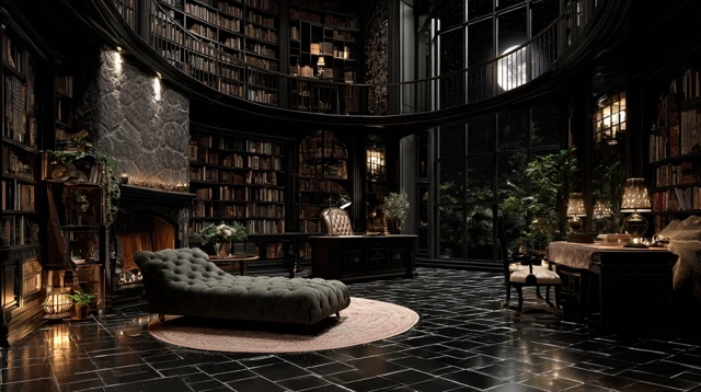 Cozy Gothic Library Room Night Time Interior