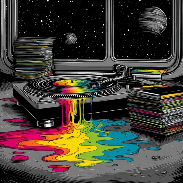Psychedelic Turntable with Rainbow Liquid in Space