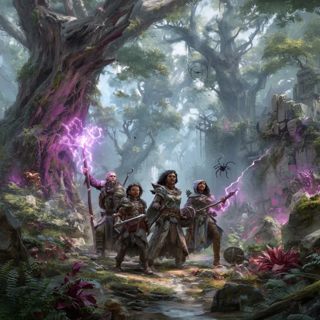 Fantasy Adventurers in Forest Ruins Battling Spiders
