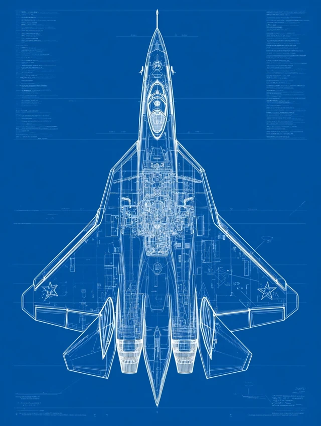 Su57 Blueprint Stealth Fighter Jet Schematic
