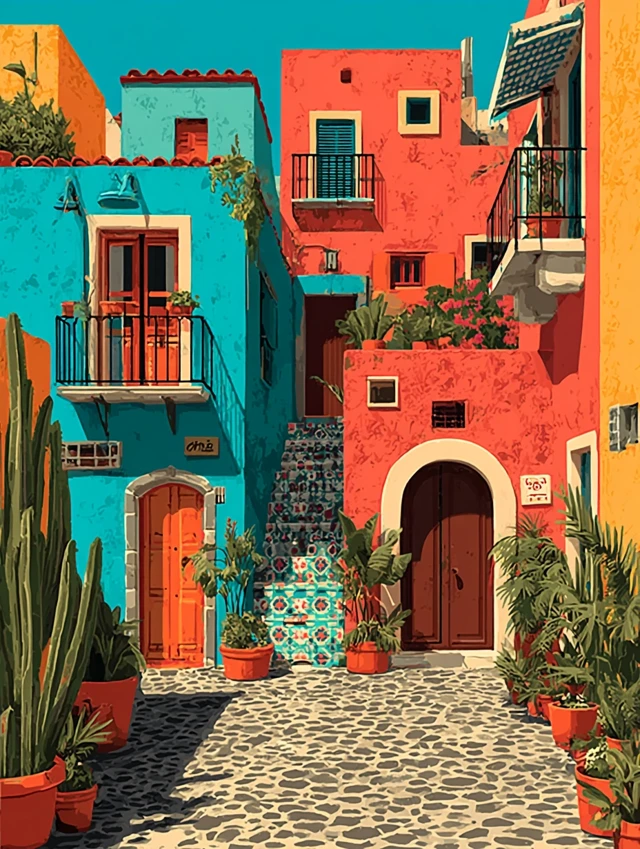 Mexican Street Scene in Matisse Style Colorful Art