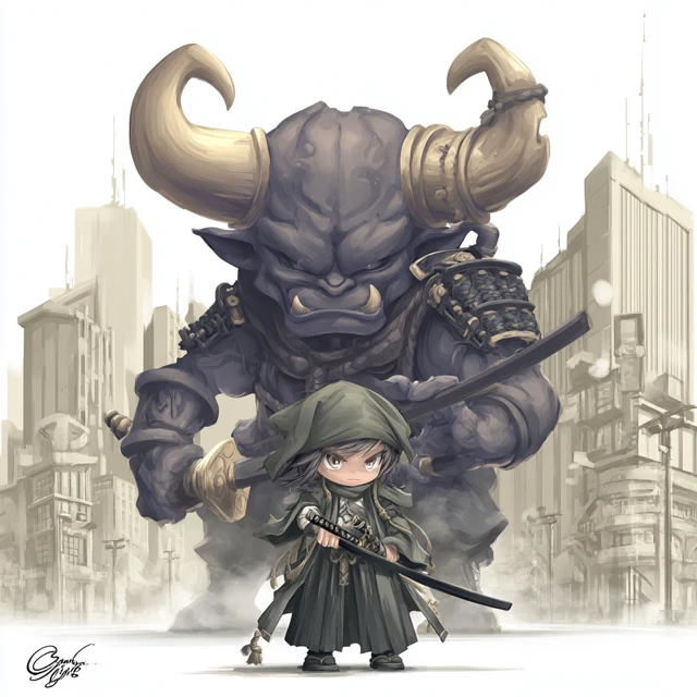 Ronin vs Demon Futuristic Metropolis Art