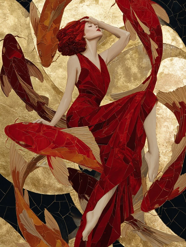 Art Deco Woman with Koi Fish Painting