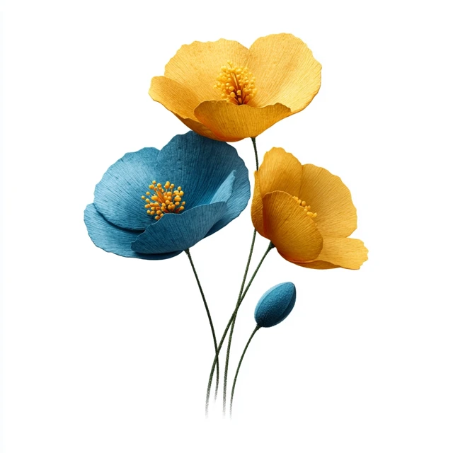 Blue and Yellow Poppies Art on White Background