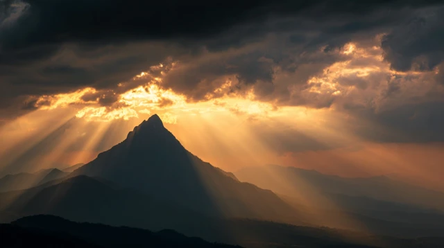 Mountain Peak Under Golden Sky Godlike Scene
