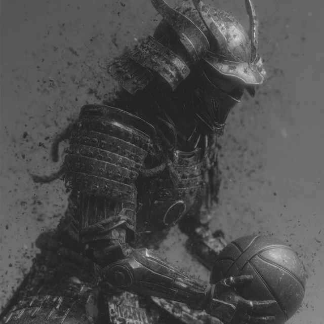 Samurai Playing Basketball Black and White Photo