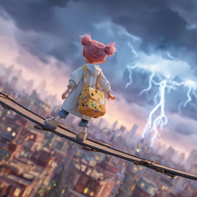 Cartoon Girl Tightrope Walking Over City