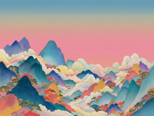 Dreamlike South Korean Mountain Range Illustration
