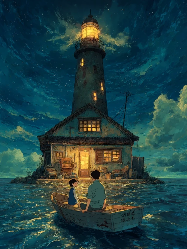 Romantic Couple in Boat by Lighthouse Painting