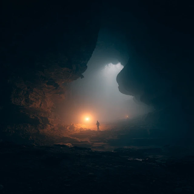 Dark Cave Exploration Torchlit Man