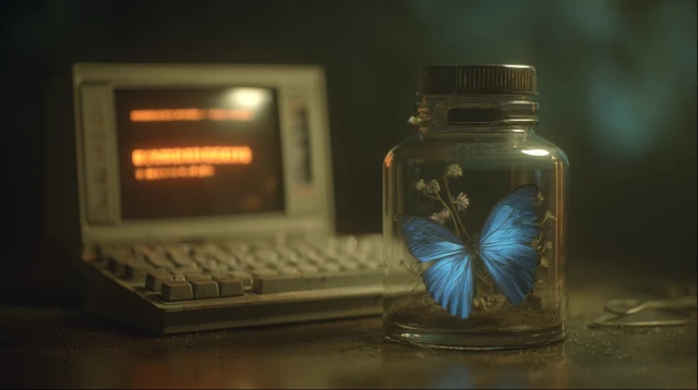 Blue Butterfly in a Jar and Retro Laptop