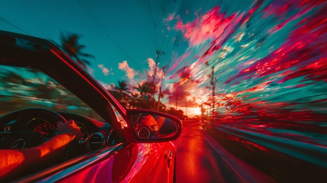 Cruising in a Sleek Car Golden Hour POV View