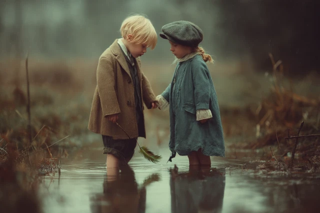 Children in Love Winter Afternoon Emotional Scene