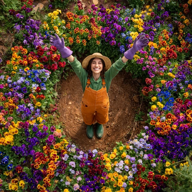 Happy Gardener with Colorful Pansy Flowers