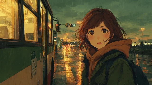 Anime Girl at Bus Stop Rainy Evening Illustration