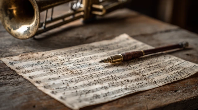 Old Music Manuscript and Trombone on Wooden Table
