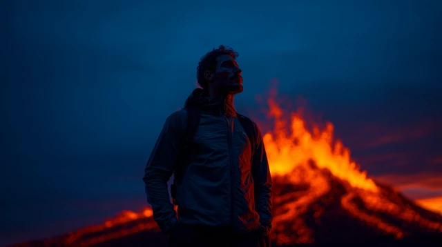 Volcano Sunrise Awe Inspiring Man Facing Eruption