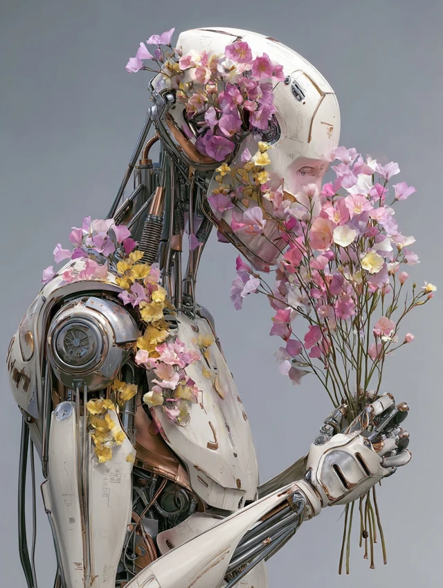 Robot with Flowers A Beautiful Futuristic Image