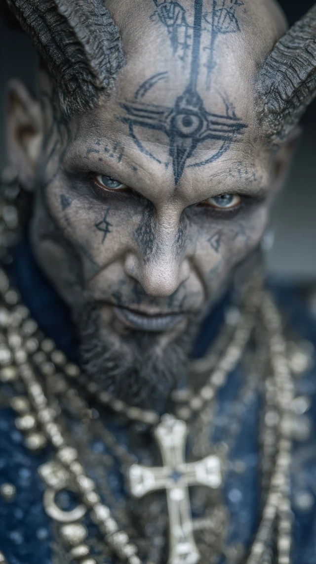Sinister Priest Portrait with Tattoos and Horns