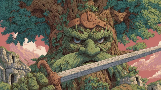 Angry Anime Tree Warrior with Sword and Helmet