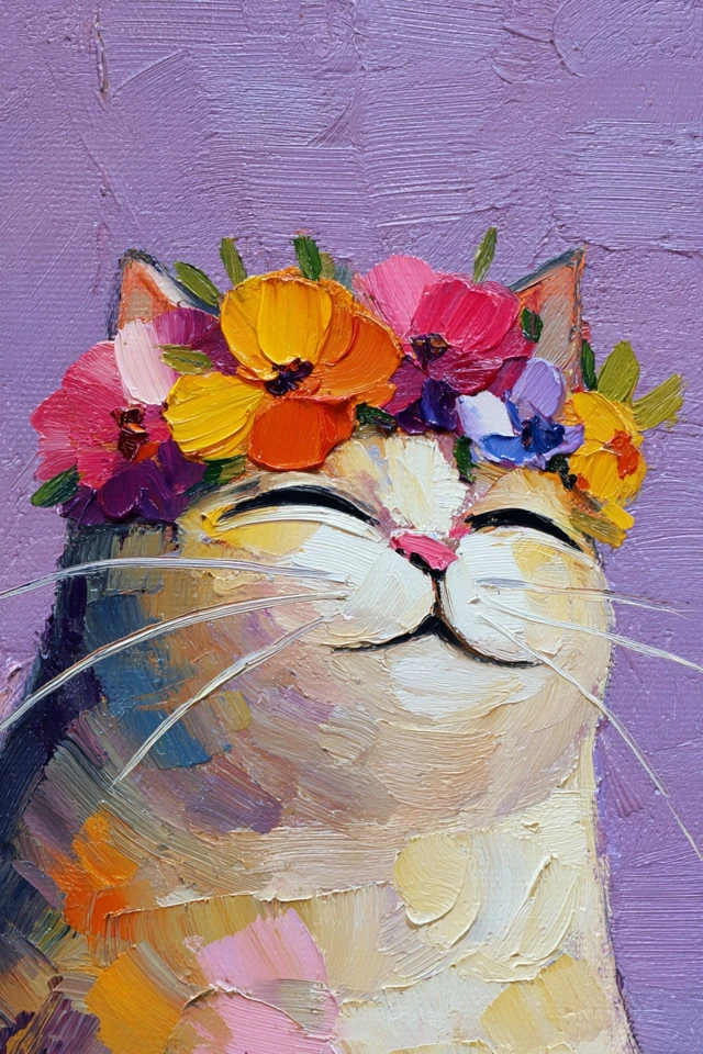 Cute Cat Oil Painting With Flower Wreath Smiling Face