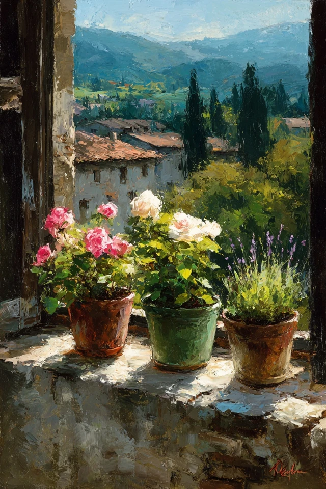 Italian Landscape Oil Painting with Flowers