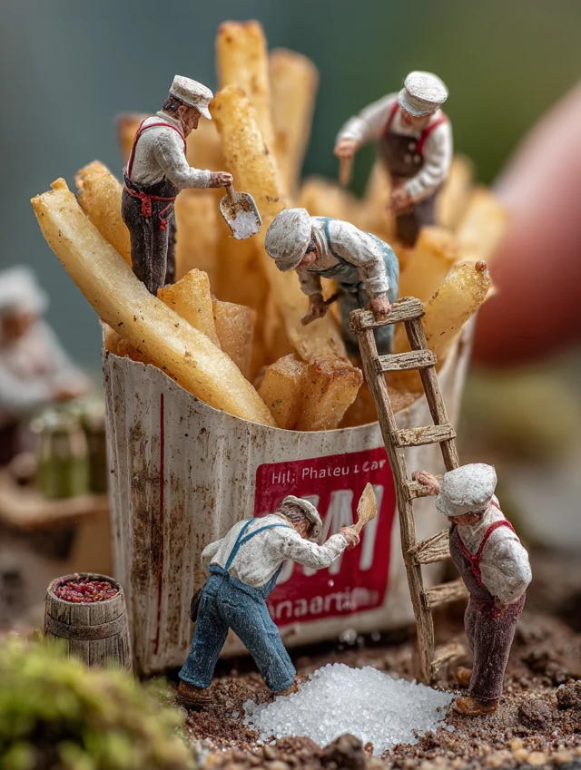 Miniature French Fries Scene Chefs Adding Salt