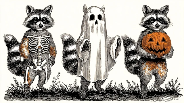 Vintage Halloween Raccoons Cartoon Illustration