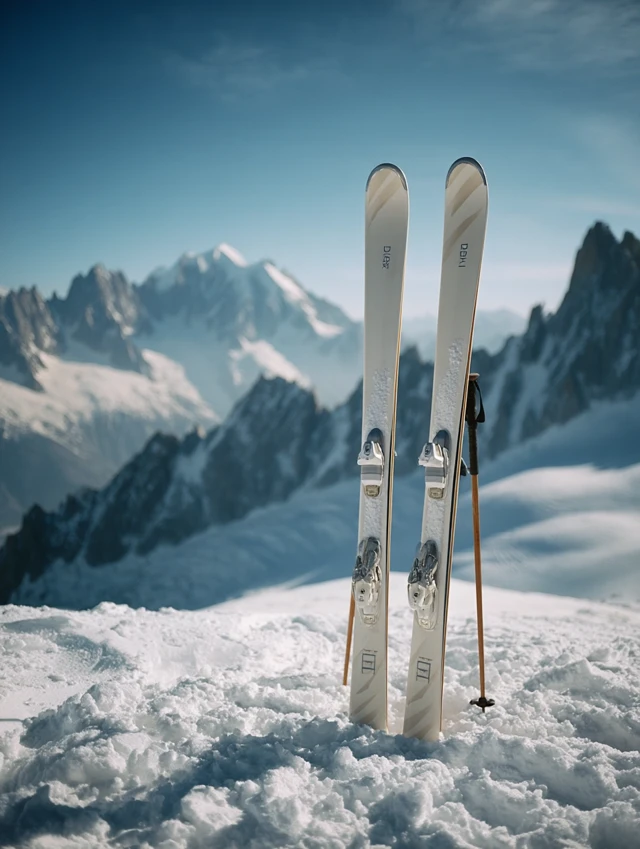 Designer Skis Luxury Advertisement on Mountaintop
