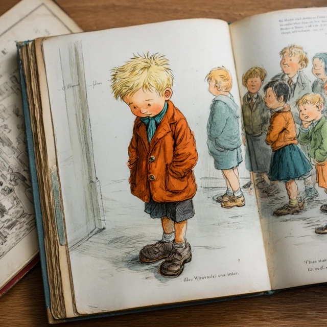 Mid Century Childrens Book Illustration Sad Boy