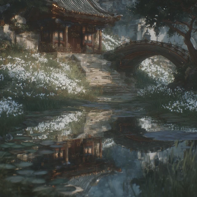 Detailed Temple Bridge Reflection