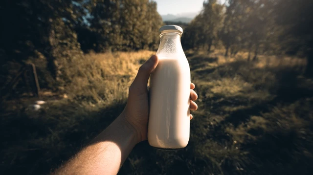 Hand Holding Milk Bottle Nature Scene