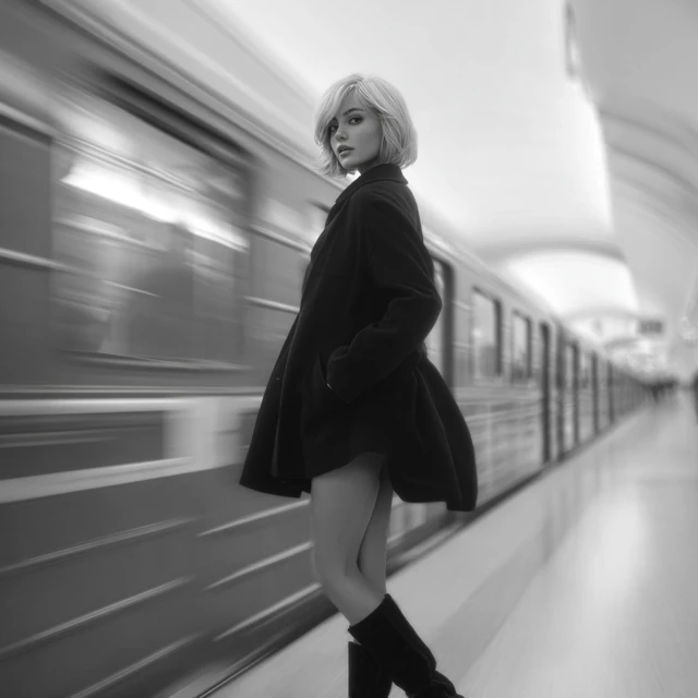 Woman in Metro Black and White Photo
