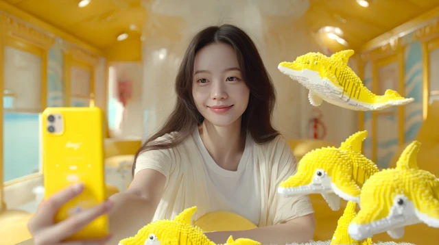 Woman Taking Selfie with LEGO Dolphins in Yellow Cabin