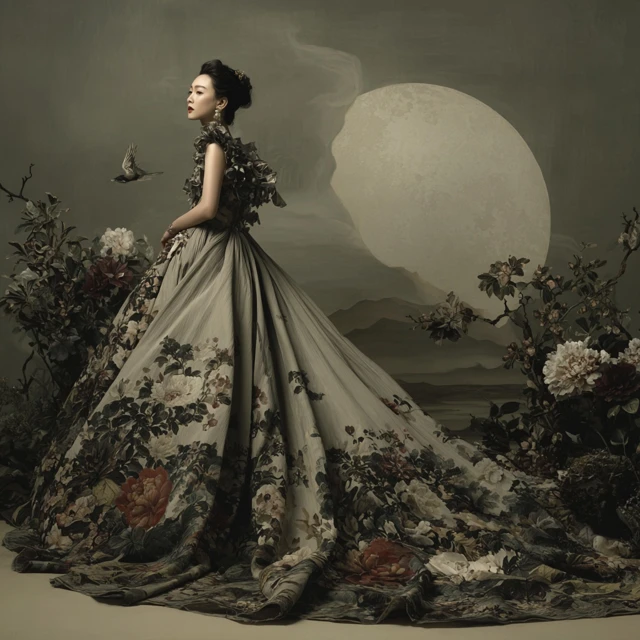 Woman in Yellow Floral Gown Asian Inspired Art