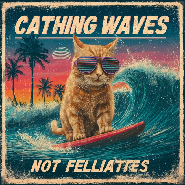 Surfing Cat Retro Beach Art