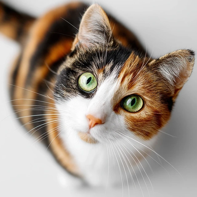 Calico Cat Close Up Portrait on White Background