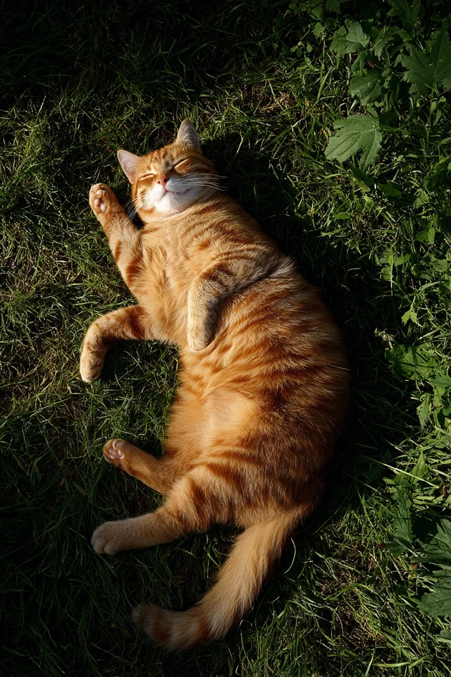 Ginger Cat Relaxing on Grass in Sunlight