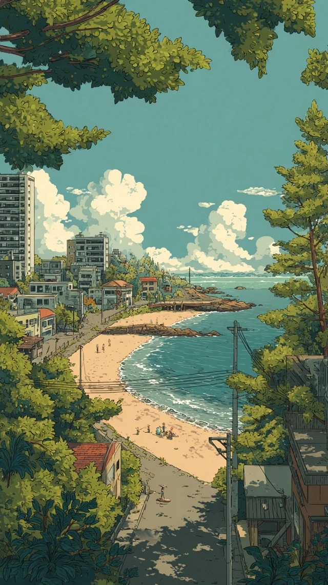 Beachfront Homes and Beach Illustration in Daylight
